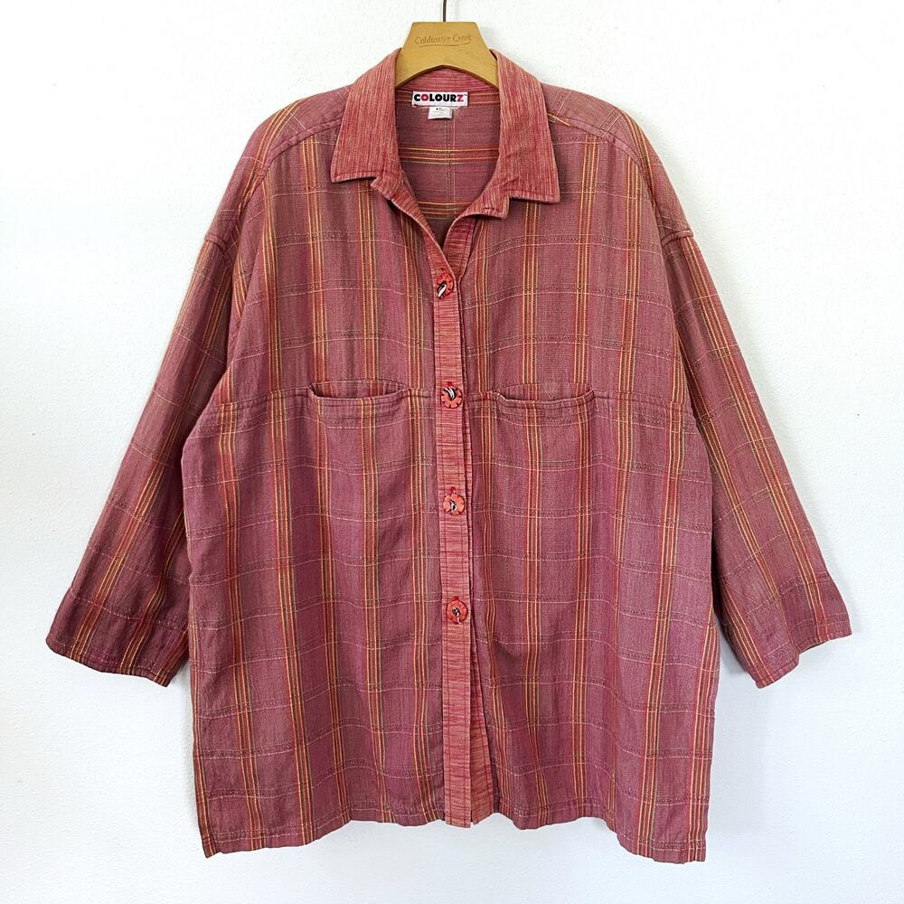 Vintage 90s Red Cotton‎ Plaid Top Faded Check Oversized // Plus Size 1X or XXL